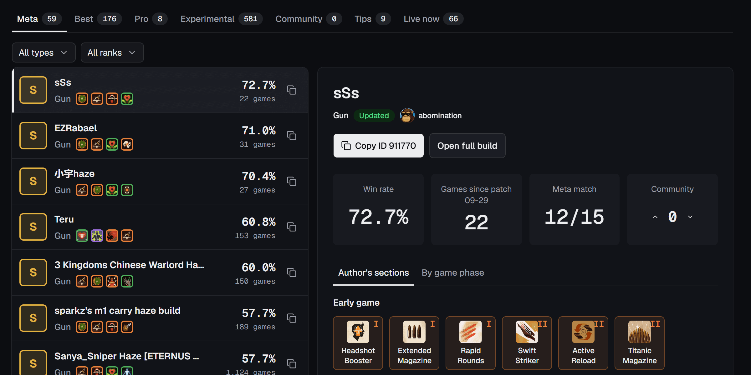 A hero's Meta tab with a list of builds, each with a tier letter, win rate and games, and the chosen build open on the right with a Copy ID button.